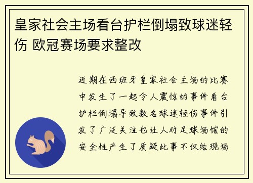 皇家社会主场看台护栏倒塌致球迷轻伤 欧冠赛场要求整改